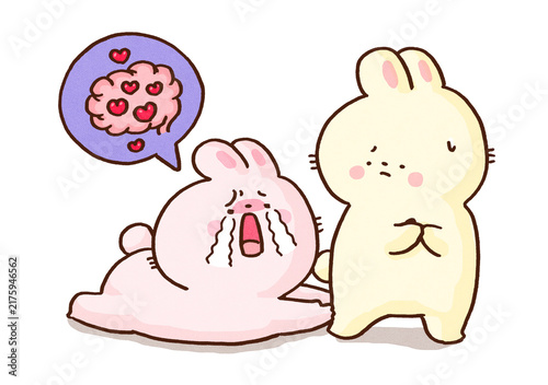 Cuadro en lienzo Rabbit with a brain full of love crying and clinging to its partner, love addict