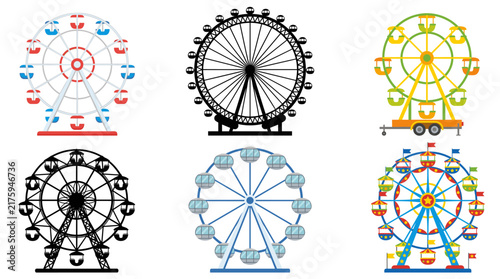 Collection of Ferris Wheel Vector Illustrations Featuring Classic, Giant, Observation, Vintage, Modern and Colorful Ferris Wheels Isolated on White Background