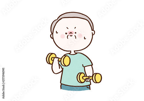 Fotografie Senior man exercising hard with dumbbells, frailty prevention or healthy aging w