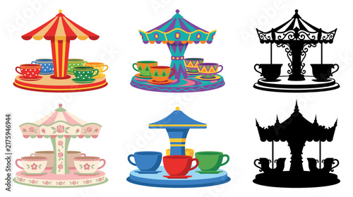 Collection of Spinning Teacup Vector Illustrations Featuring Classic, Colorful, Vintage, Floral, Family and Decorative Teacup Rides Isolated on White Background