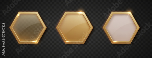 Golden hexagon frame button with metallic border and elegant premium design. Perfect for web interfaces, game UI, luxury awards, and modern click-to-action elements with glossy finish