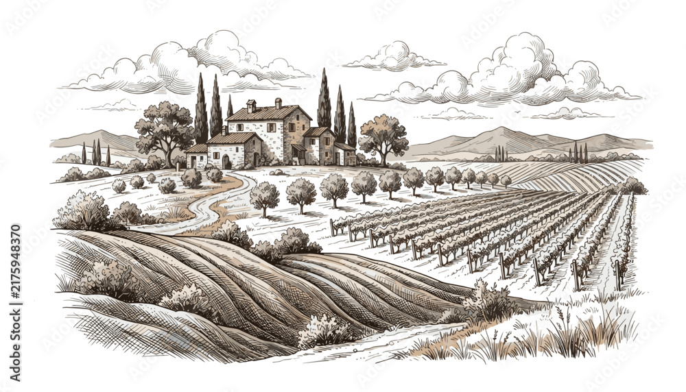 Obraz premium Hand drawn sketch of beautiful tuscan vineyard landscape with traditional rural stone villa, cypress trees and scenic rolling hills