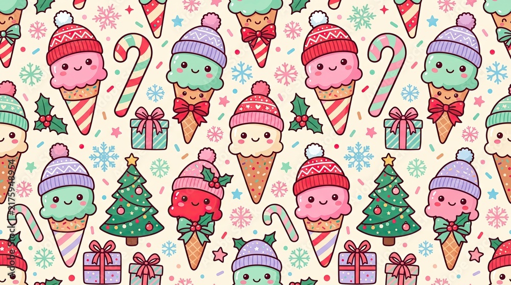 Fototapeta premium Cute Christmas ice cream seamless pattern with colorful cones, winter hats, trees, gifts and festive holiday elements on white background