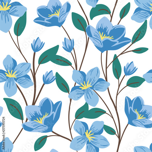 Blue Floral Seamless Pattern With Hand-Drawn Blossoms And Green Leaves For Spring Design