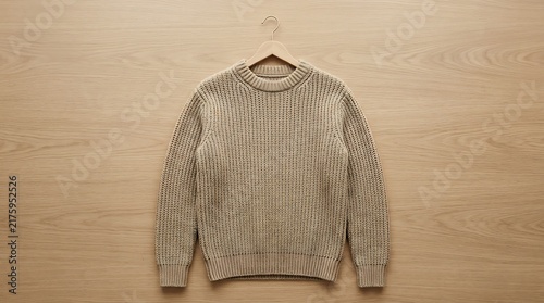Beige chunky knit sweater hanging on a wooden wall