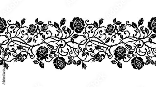 Elegant black rose vine border with thorns and leaves, a seamless decorative floral pattern on a white background.