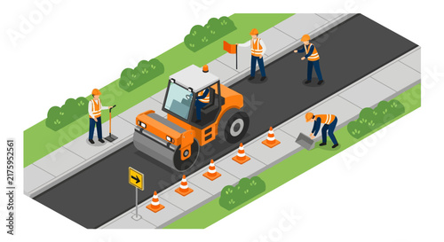 Road Construction Crew Working with Roller and Paving Equipment