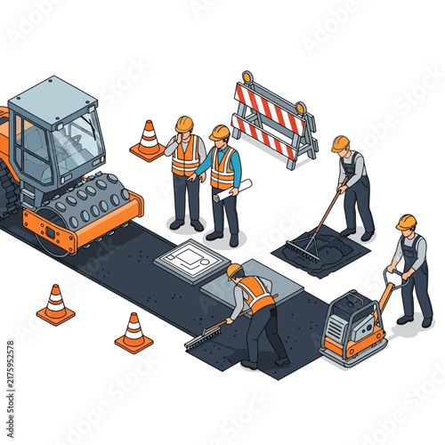 Road Construction Crew Working with Roller and Tools - Isometric View