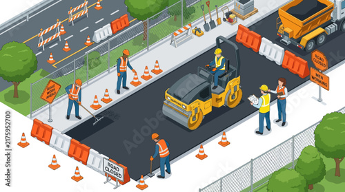 Road Construction Flat Lay Isometric View - Workers, Equipment, Asphalt