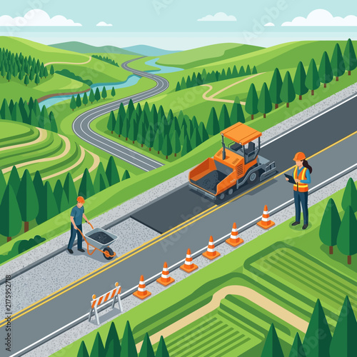 Road Construction in Scenic Landscape with Roller and Workers