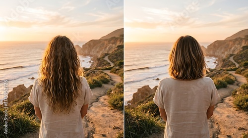 Woman hair transformation comparison at sunset coastal cliff