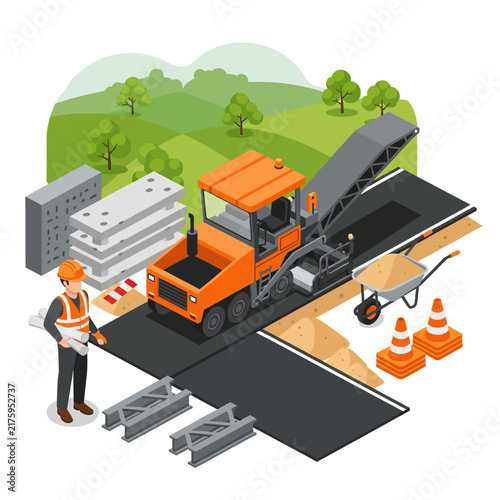 Road construction isometric 3d illustration with paver machine, worker, and materials