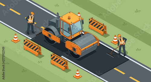 Road construction isometric 3d illustration with steamroller and workers paving asphalt.
