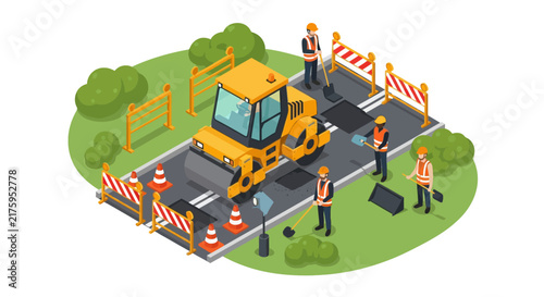 Road construction isometric 3d illustration with workers, roller, barriers and traffic cones.
