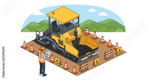 Road construction isometric illustration: paver, worker, cones, barriers, landscape