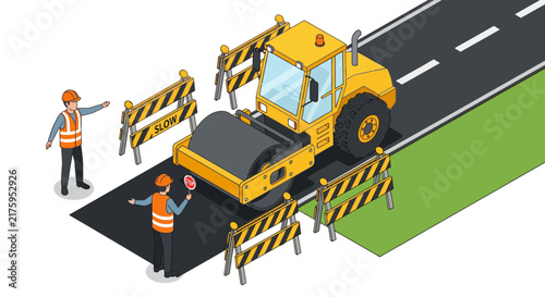 Road Construction Isometric Illustration: Steamroller, Workers & Barriers