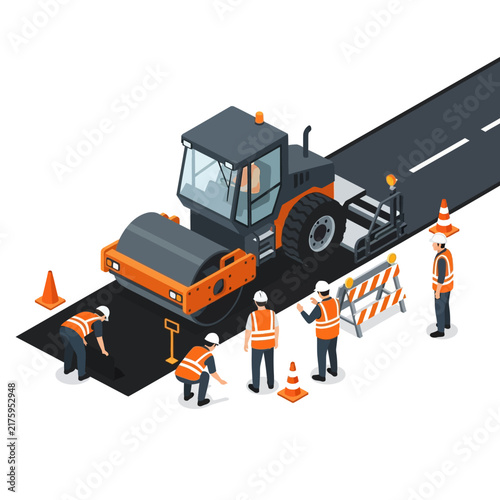 Road Construction Isometric Illustration: Steamroller, Workers, Asphalt, Traffic Cones
