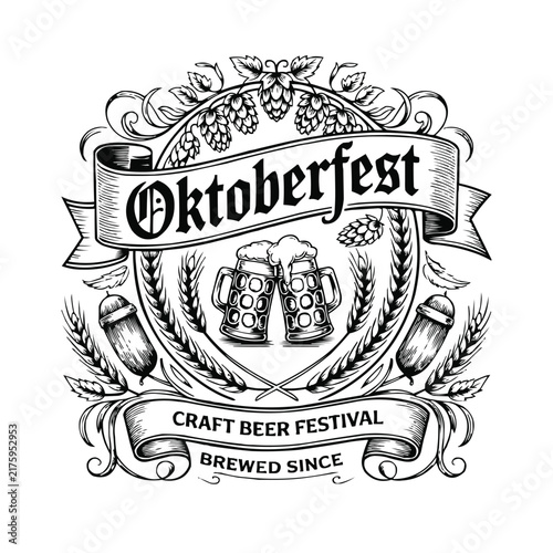 Detailed black and white illustration of vintage oktoberfest beer emblem