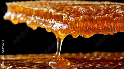 Golden Honey Dripping From Honeycomb Macro Video Animation