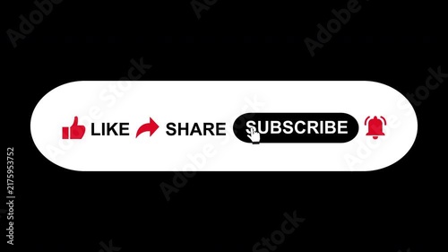 Animation of like share subscribe and notification button. Animated pop up buttons like subscribe share and notification on black background. 4K Video.