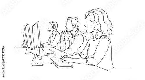 Continuous line vector illustration of office workers sitting at desks working on computers with line art