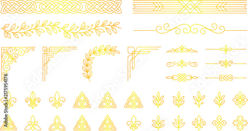 Set of golden decorative elements, borders, corners, and floral ornaments for luxury design