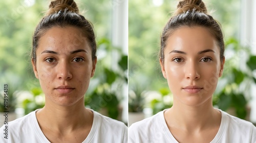 Young woman before and after acne skin treatment comparison