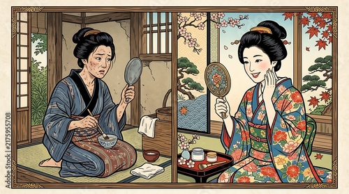 Japanese woman skincare transformation in traditional ukiyoe style