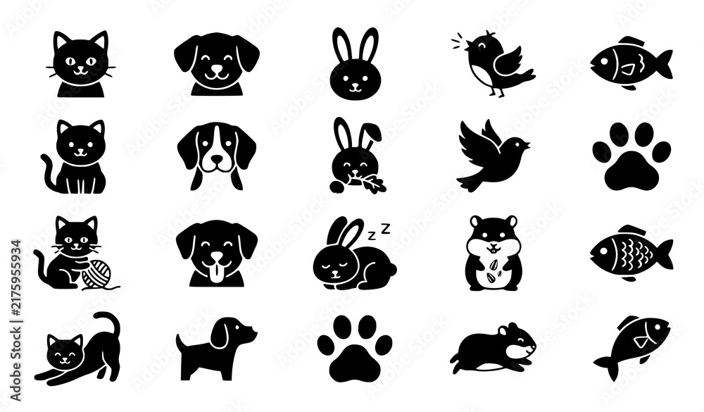 Obraz premium Pet Shop Animal Black Glyph Vector Collection, Cute Dog Cat Bird Rabbit Icons