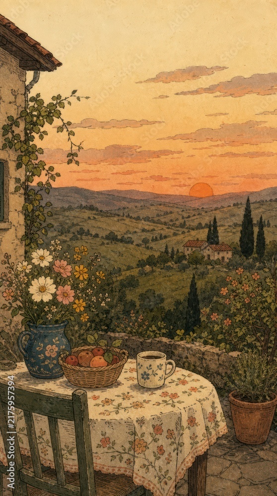 Obraz premium Vintage-style sunset over Tuscan hills, perfect for mobile wallpaper.
