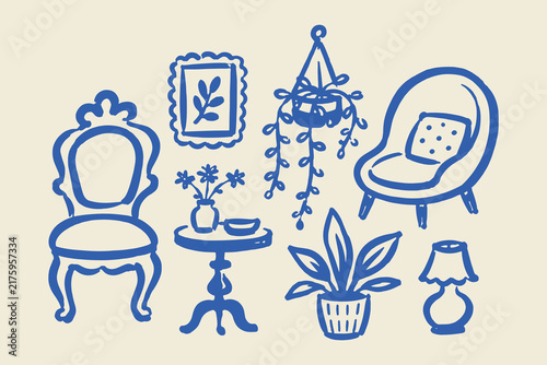 Cozy Interior Furniture Hand Drawn Doodle Set