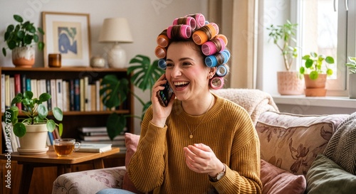 Tapety artystyczne Happy Woman Talking on Smartphone with Hair Rollers at Home.
