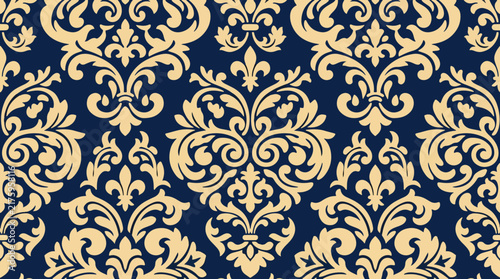 Seamless Blue Gold Victorian Pattern Vector for Decorative Interior Design Backgrounds