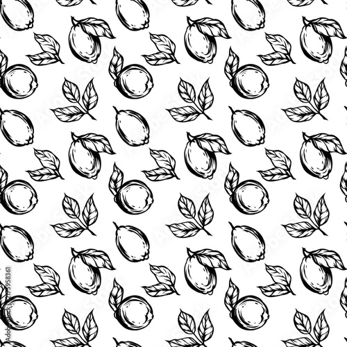Monochrome seamless lemon pattern featuring whole fruits, halves with visible seeds, and leaves in a dynamic arrangement. Vector illustration