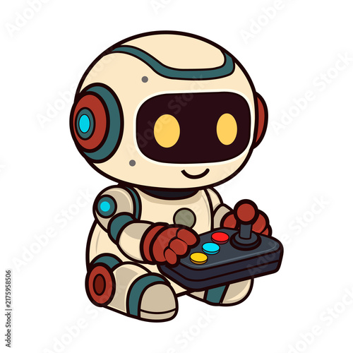 Cute robot assistant plays with a gamepad, symbolizing the video game industry and entertainment. Smart helper technology, gamer community, esports and interactive learning.