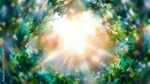 Golden sunlight streams through a vibrant lush green forest canopy creating a bright and magical ethereal light effect with soft blurred foliage