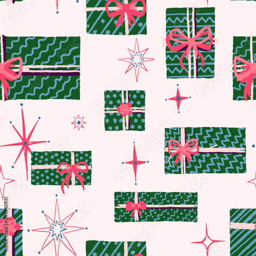 Festive seamless pattern featuring wrapped gifts, pink ribbons, stars and green textures. Suitable for holiday packaging, stationery, textiles, gift wrap and seasonal products too