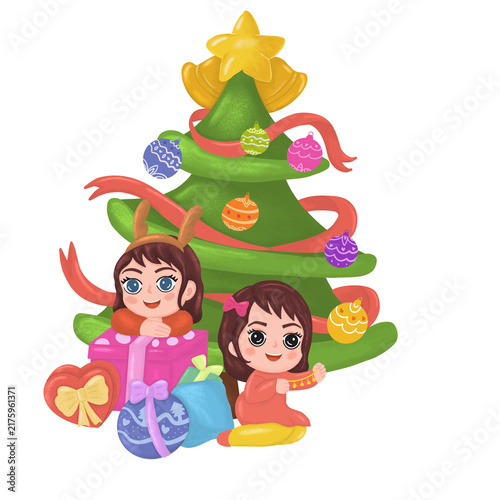 girls with christmas tree