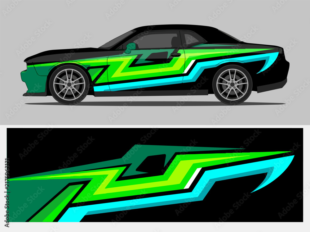 Fototapeta premium Black sports car with neon green and cyan racing stripes.