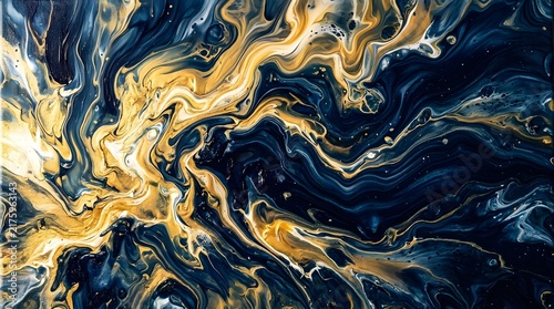 A dramatically styled abstract painting features flowing gold and deep navy blue colors creating movement and a feeling of rich luxurious texture