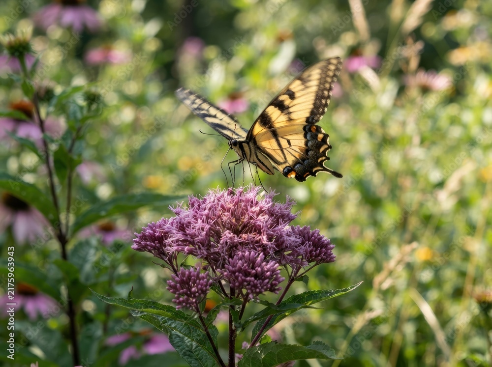 Obraz premium A yellow swallowtail butterfly with open wings landing on a purple Joe Pye weed flower in a sunny, out-of-focus garden setting.