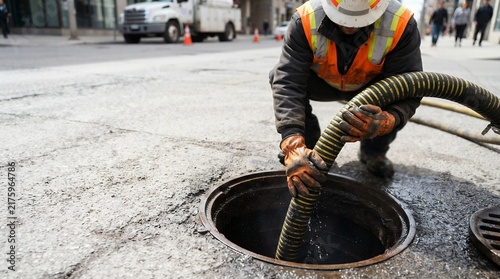 Municipal worker cleaning city sewer drain with high pressure hose and safety equipment.