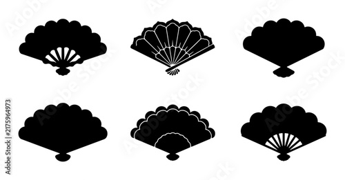 Set of 6 Black Silhouette Folding Fans, Traditional Japanese Hand Fans, Elegant Decorative Accessories, Vector Graphic Elements