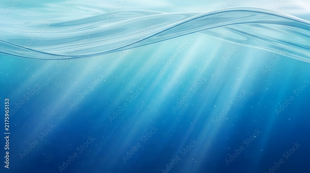 Obraz premium Wavy water surface with descending light rays creates an underwater scene
