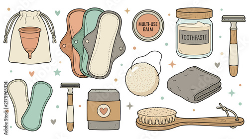 Fotografie An assortment of ecofriendly personal care items including a menstrual cup reusa