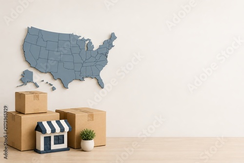 American small business shipping and ecommerce concept with packages and storefront