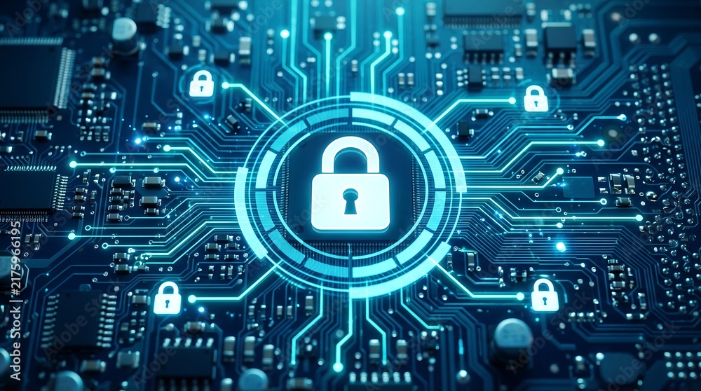 Fototapeta premium Cyber security circuit board lock icon represents data protection and digital network safety design.