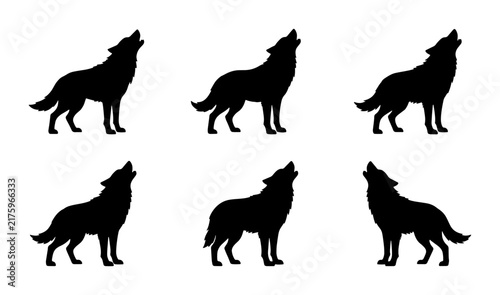 Canvastavla Six Silhouette Wolf Howling Icons, Wild Animal Vector Graphics, Nocturnal Predat