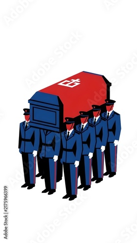 Solemn Military Funeral Procession — Stylized Vector Illustration of Honor Guard Carrying a Red Coffin with a White Symbol: A Group of Uniformed Personnel in Blue Formal Uniforms, Black Trousers with 