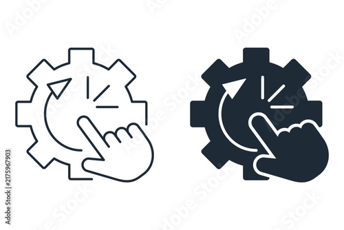 Vector icons set a gear cog with a hand cursor clicking to trigger a system refresh  cycle update.Manual process restart,one-click automation,software update trigger,system reboot,maintenance control 